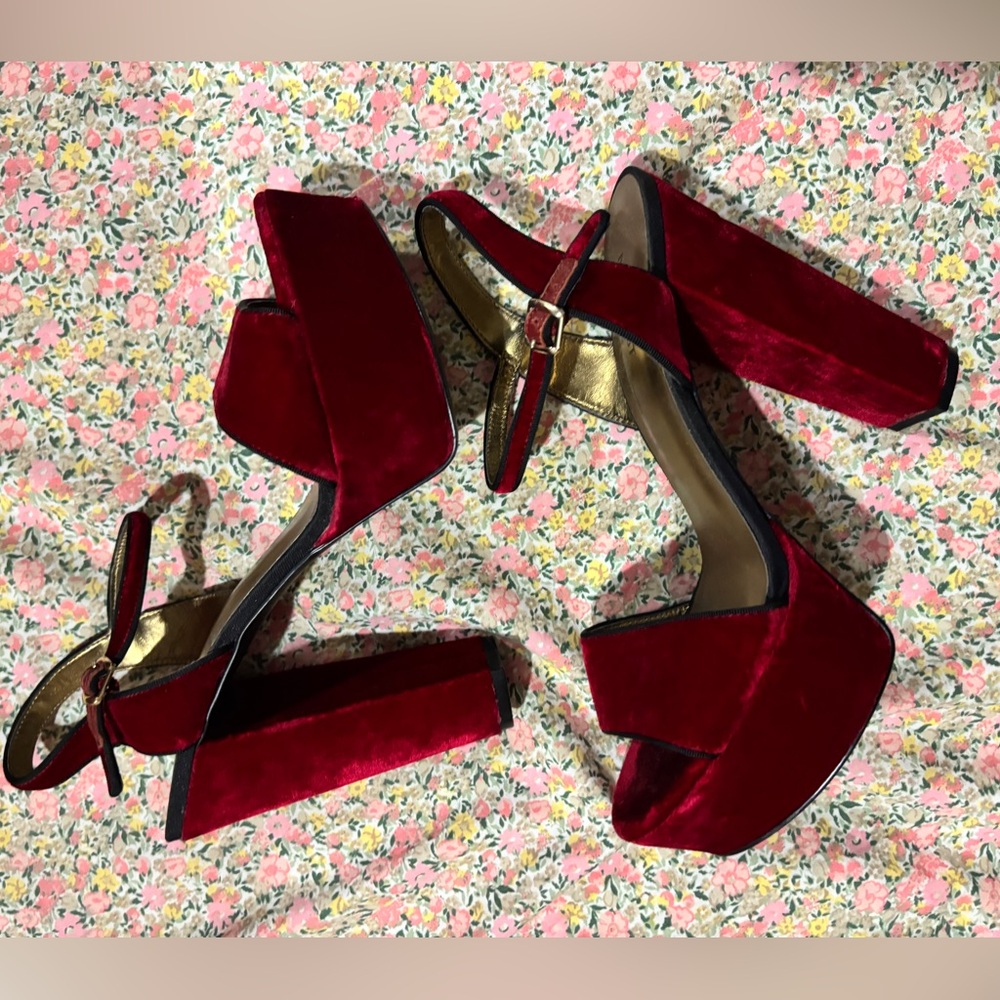 Nine West Red Velvet Platform Block Heel Sandals